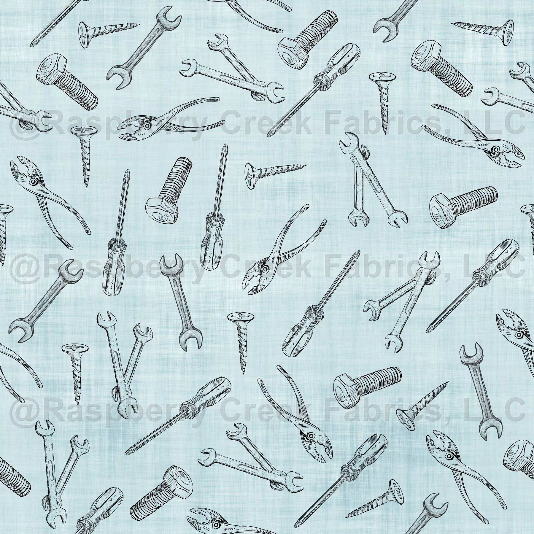 Sketched Tools on Light Blue Linen – small