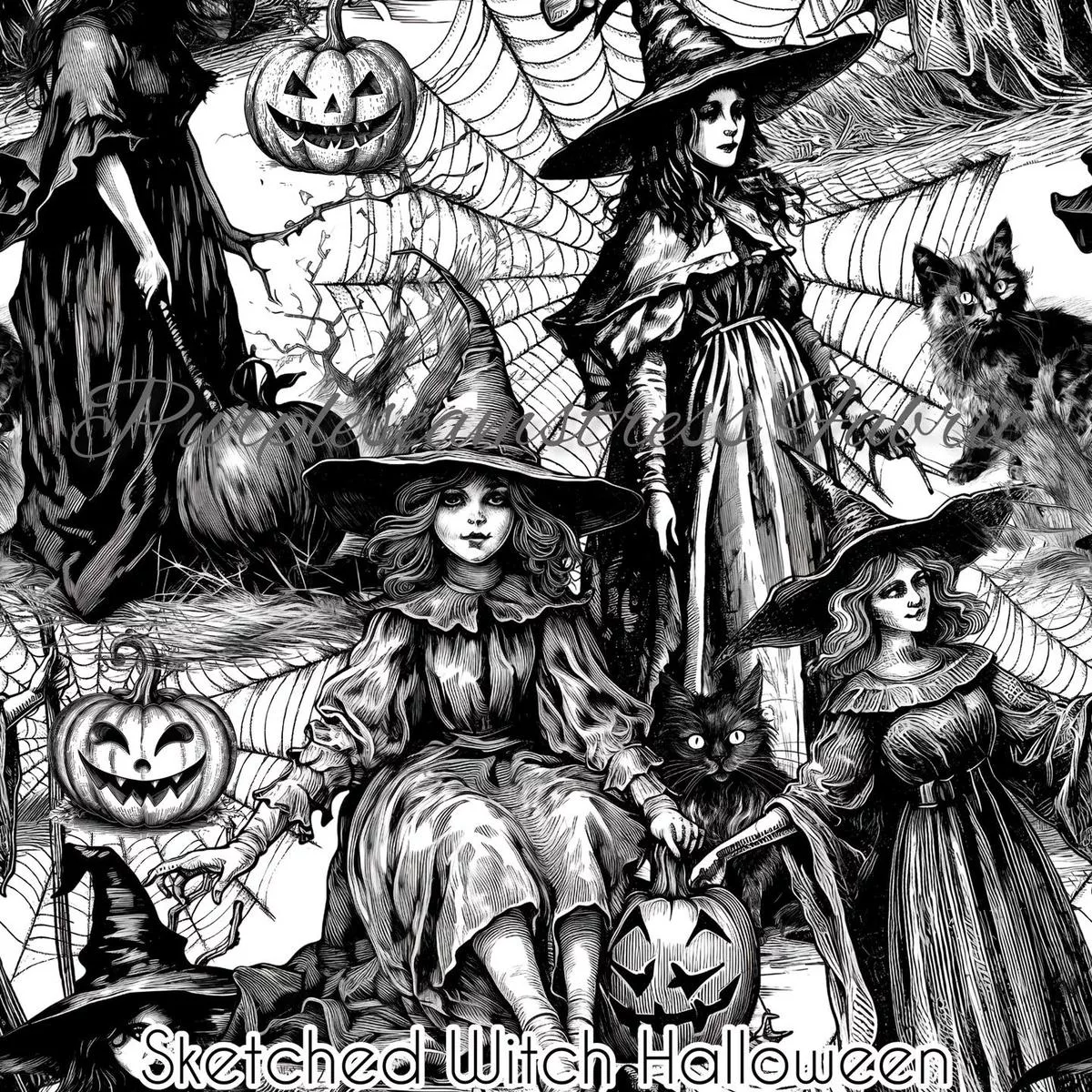 Sketched Witch HalloweenFabric