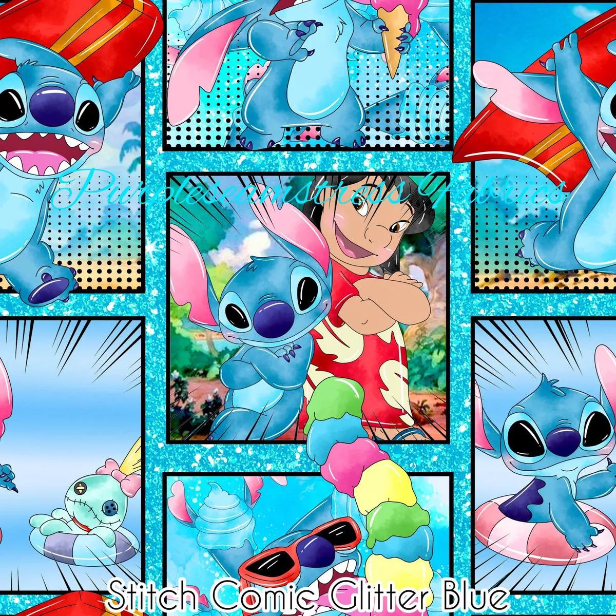 Stitch Comic Glitter BlueFabric