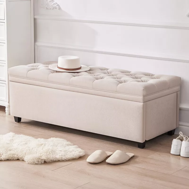 Storage Ottoman Bench with Hidden Storage Beige