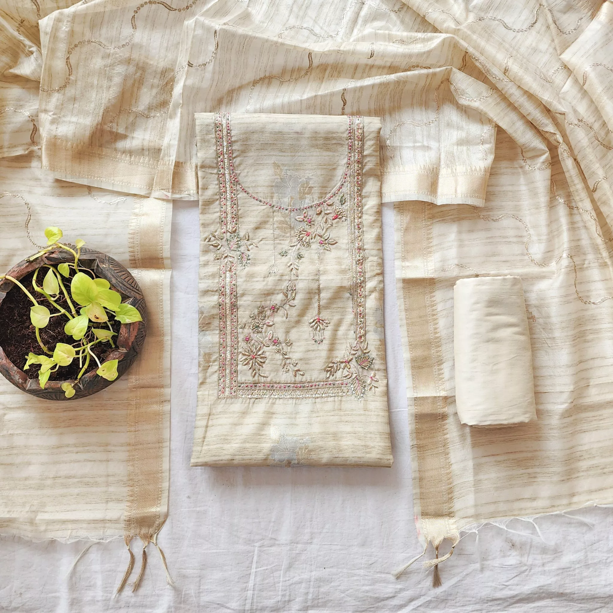 SURBHI – Soft Jute Beige WithEmbroided Yoke Suit