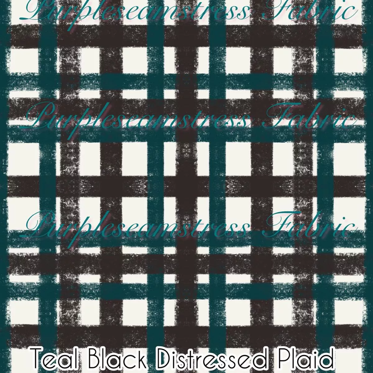 Teal Black Distressed PlaidFabric