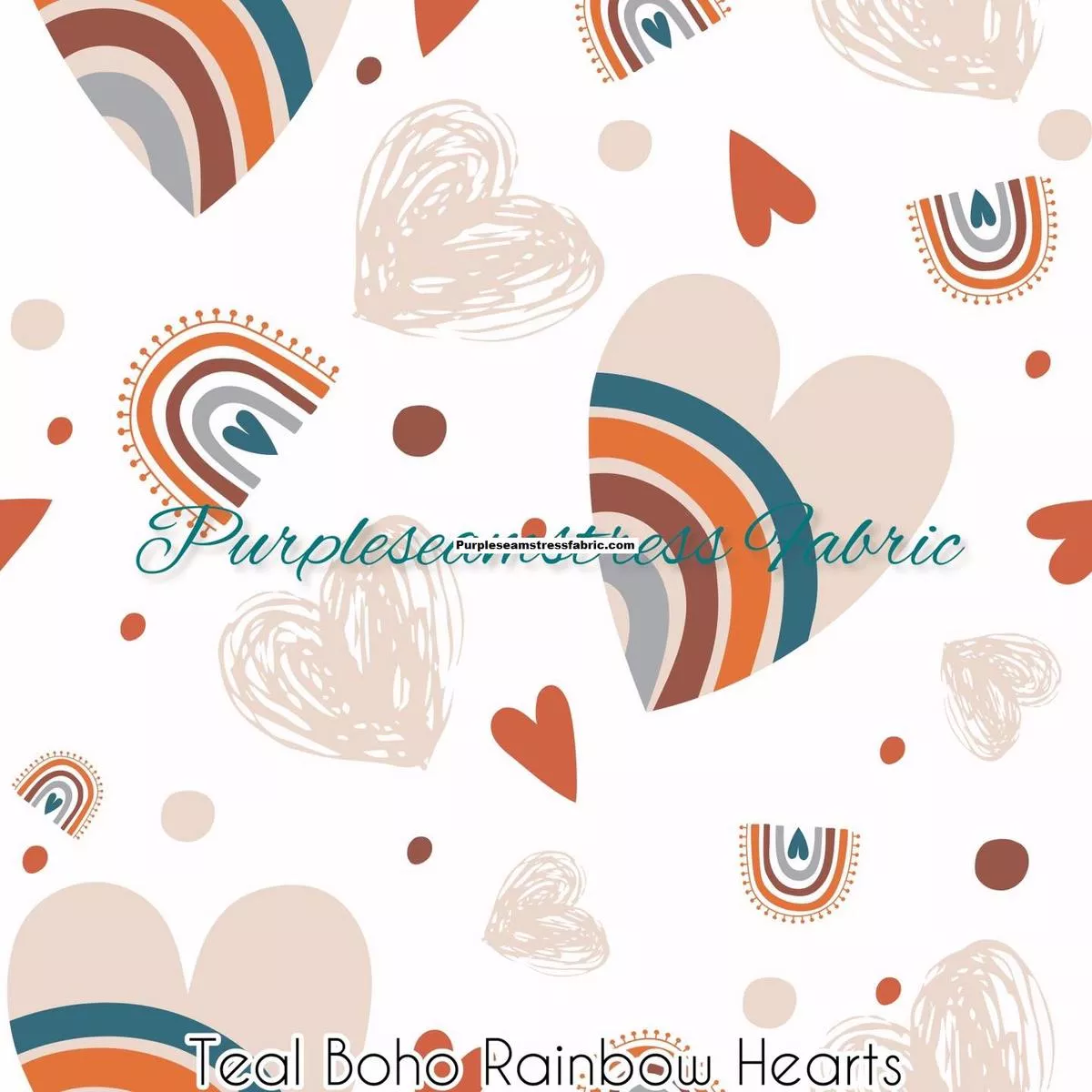 Teal Boho Rainbow HeartsFabric