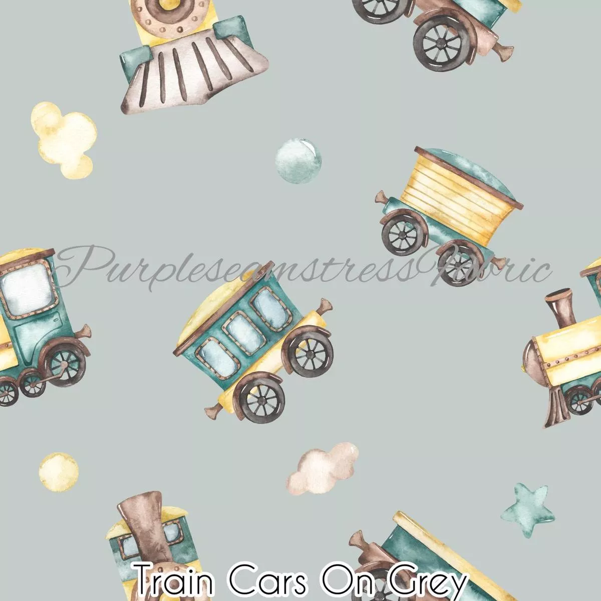 Trains on pale greyFabric