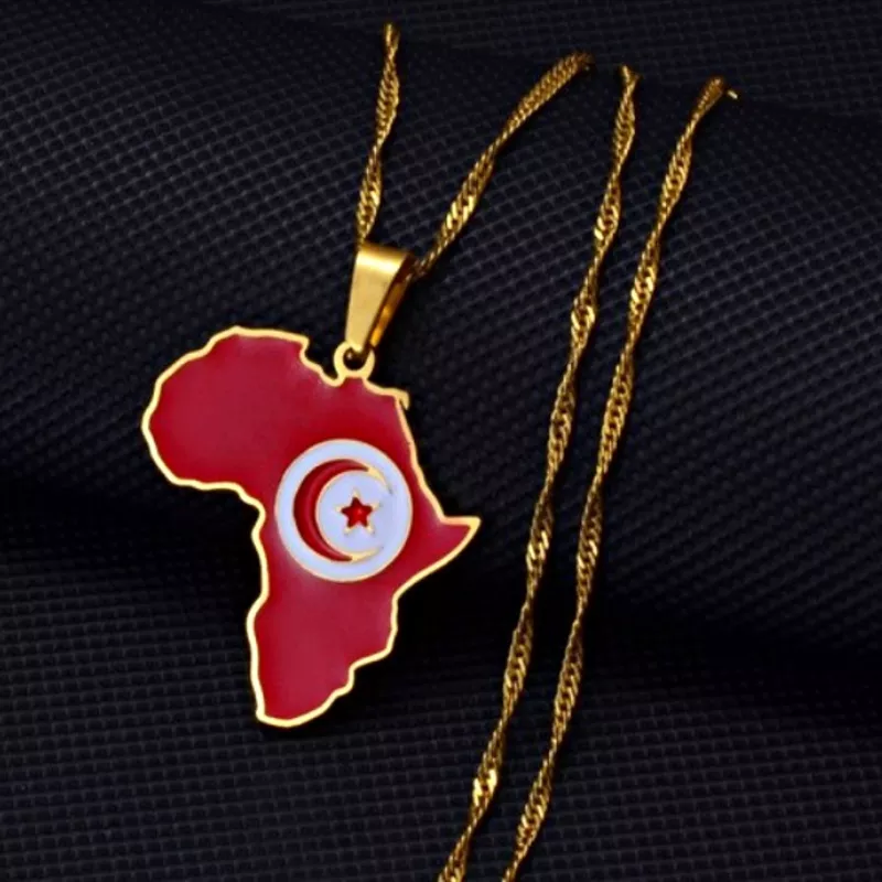 Tunisia Flag Africa Map Necklace Gold