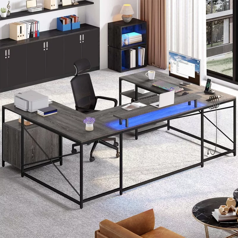 U-Shaped Computer Desk with Power Outlets, LED Lights & Storage Grey