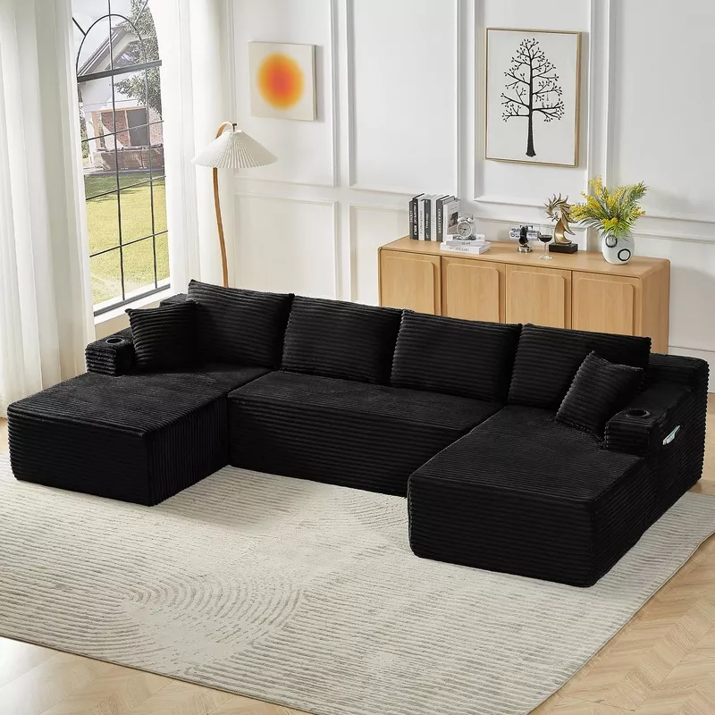 U-Shaped Modular Sectional Sofa with Deep Chaise Black