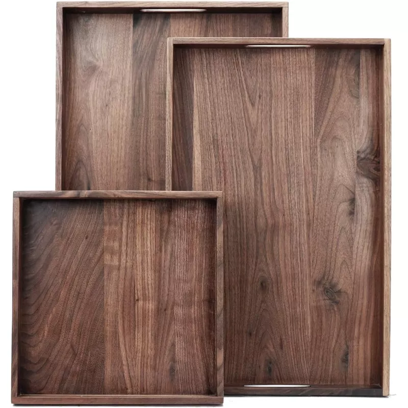 Walnut Wood Ottoman Serving Tray Set of 3 with Handles Rectangle