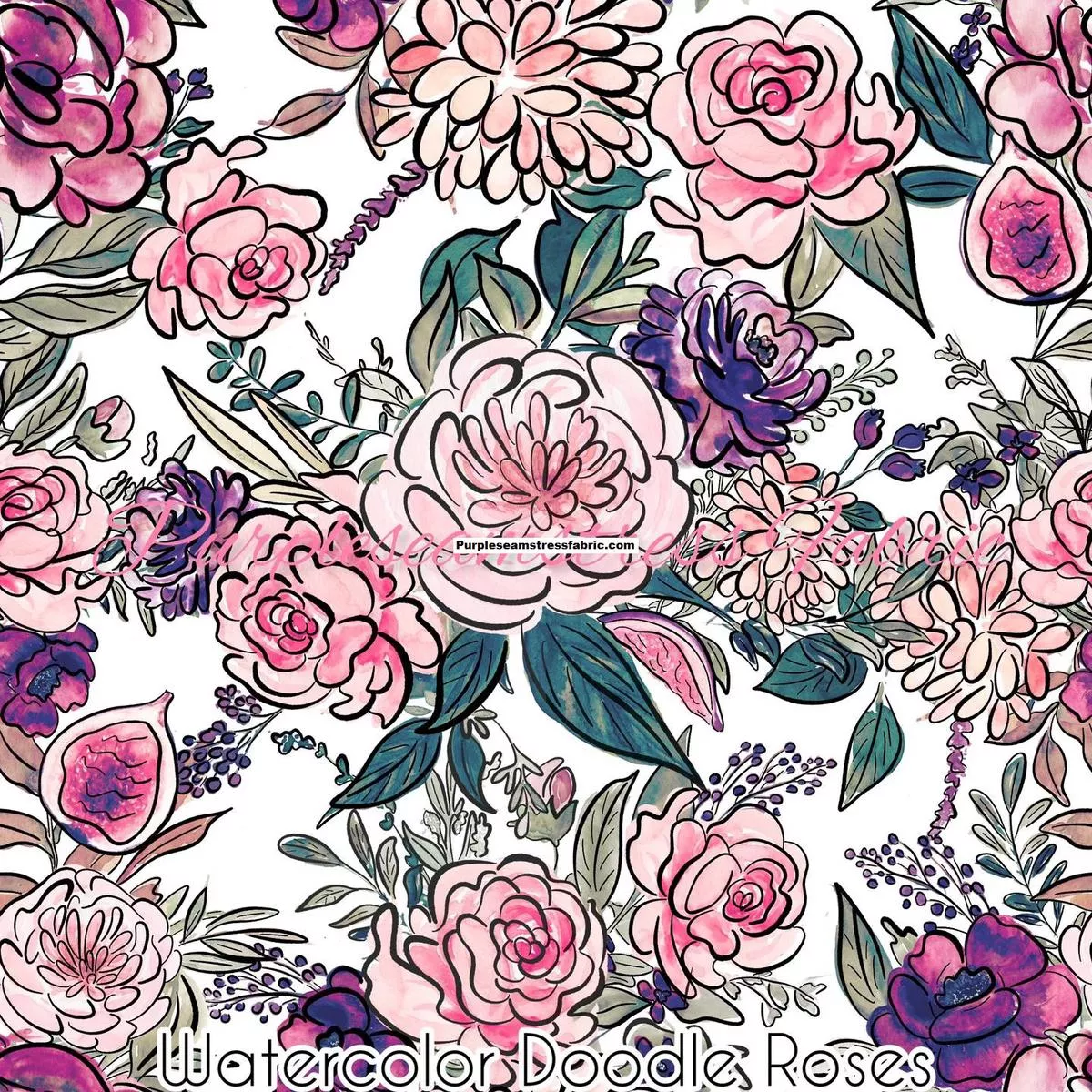 Watercolor Doodle RosesFabric