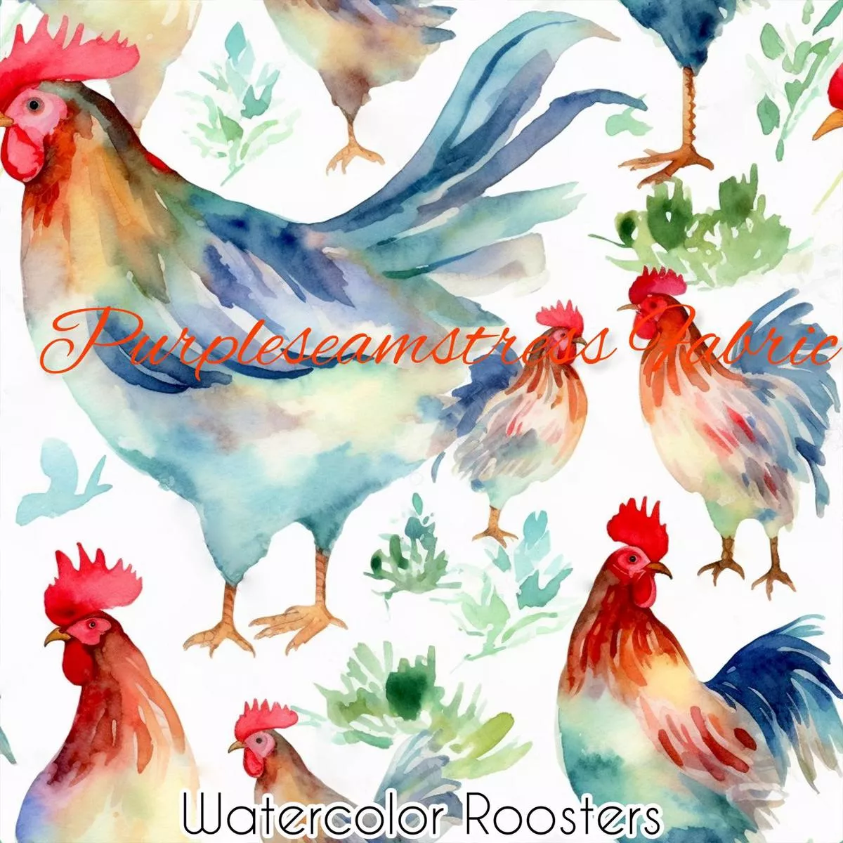 Watercolor RoostersFabric