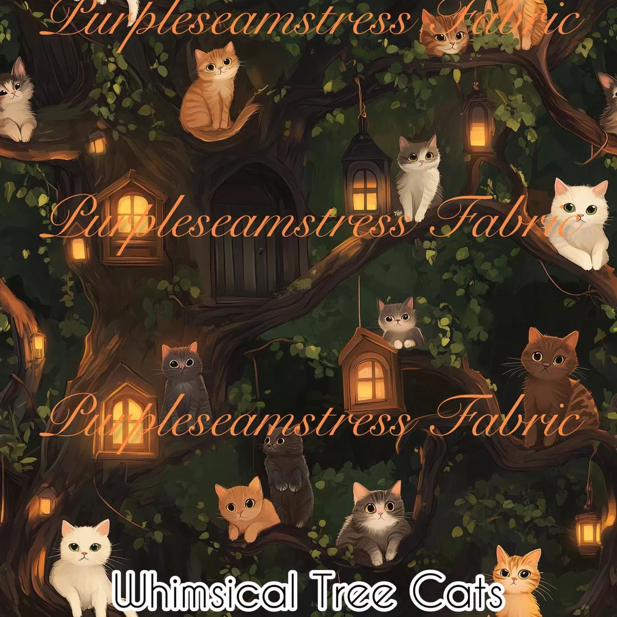 Whimsical Tree CatsFabric