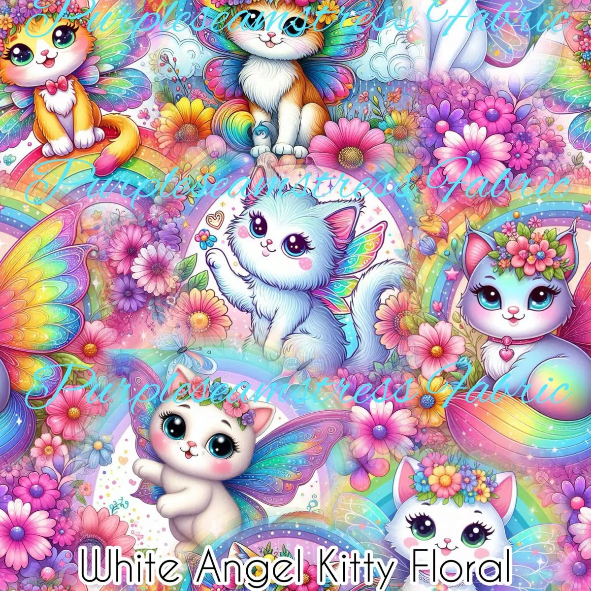 White Angel Kitty FloralFabric