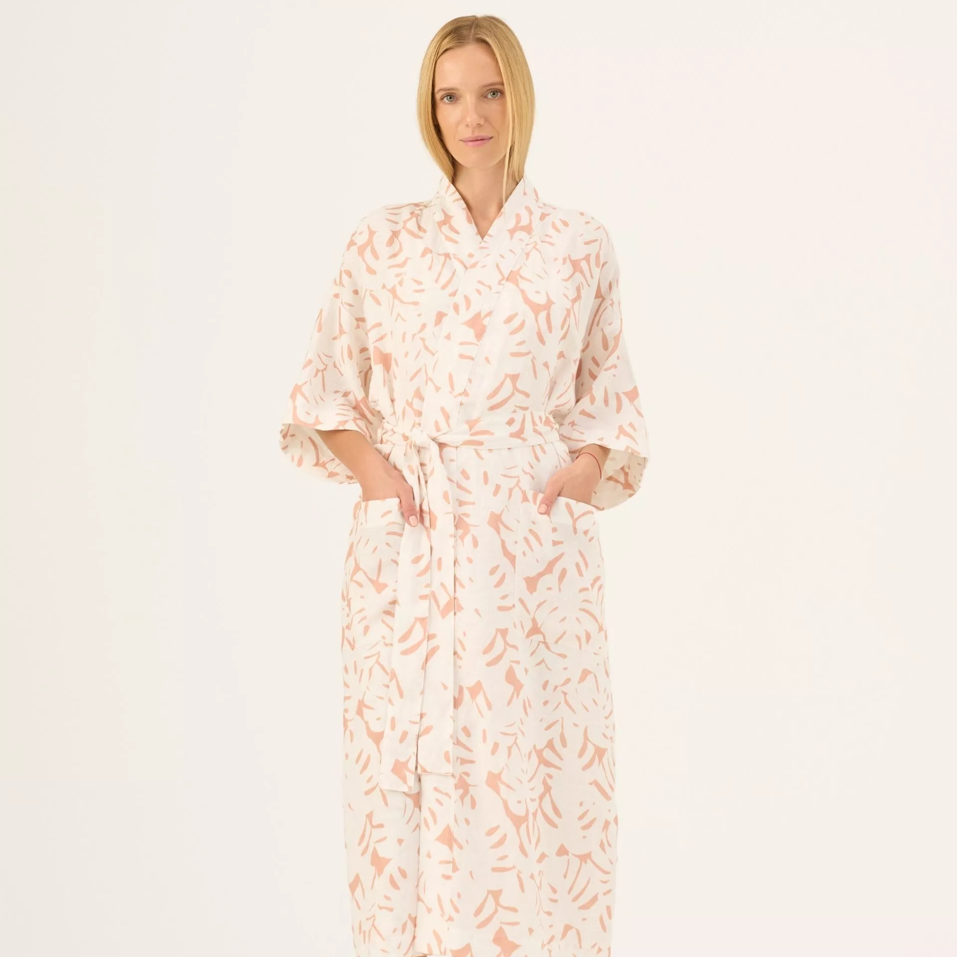 White Monstera Linen Summer Bathrobe