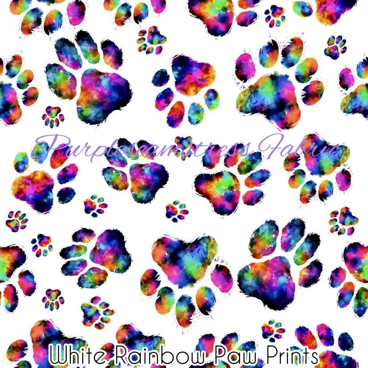 White Rainbow Paw PrintsFabric