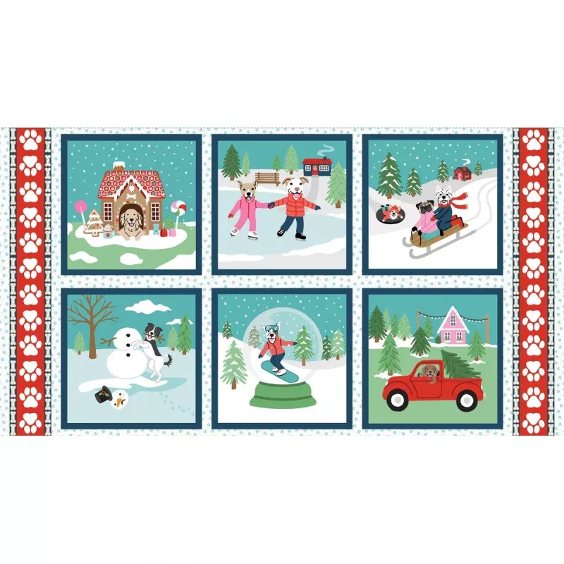 Winter Waggers Dogs Doing Winter Activities Block Panel 24 White Devon Design Co Blank Quilting Cotton Fabric BQ-4773B-01