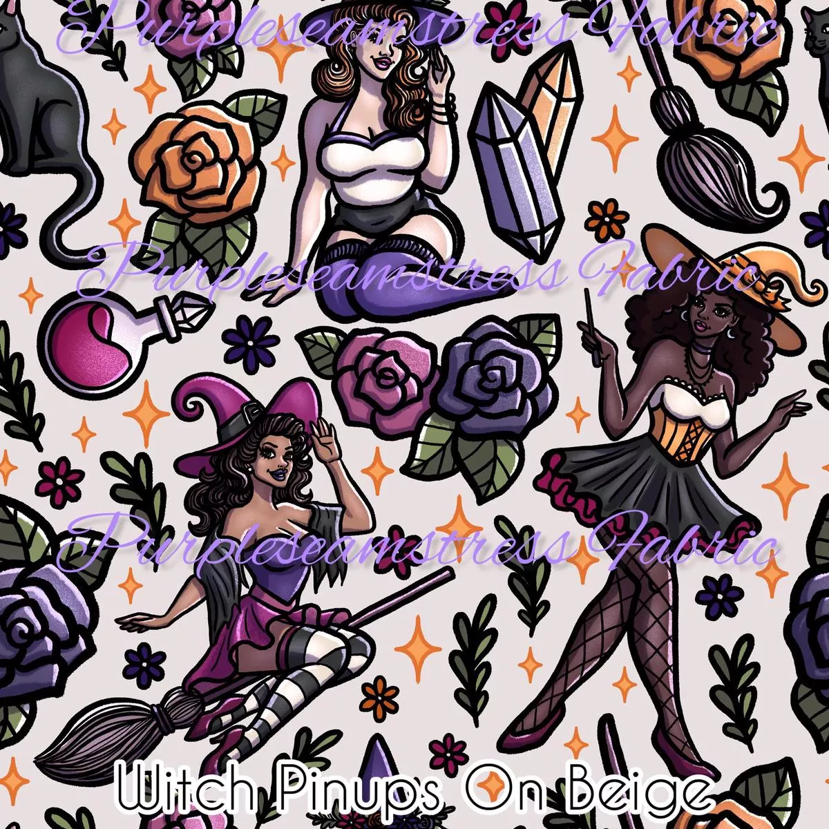 Witch Pinups on BeigeFabric