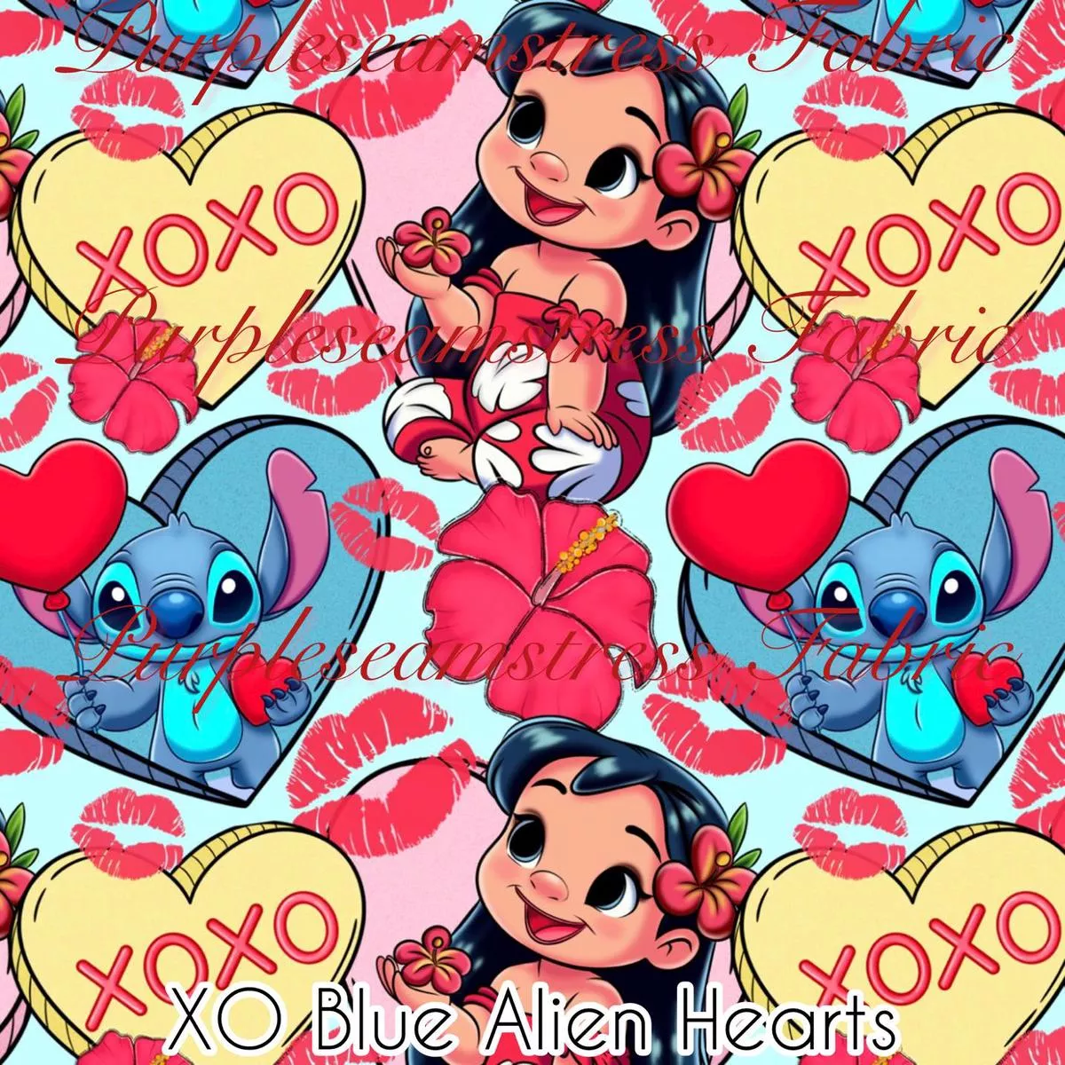 XO Blue Alien HeartsFabric
